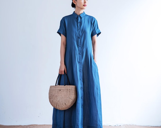 Anysize custom 100% linen shirt dress oose dress with side pockets short sleeves spring summer plus size dress plus size clothing F49YL