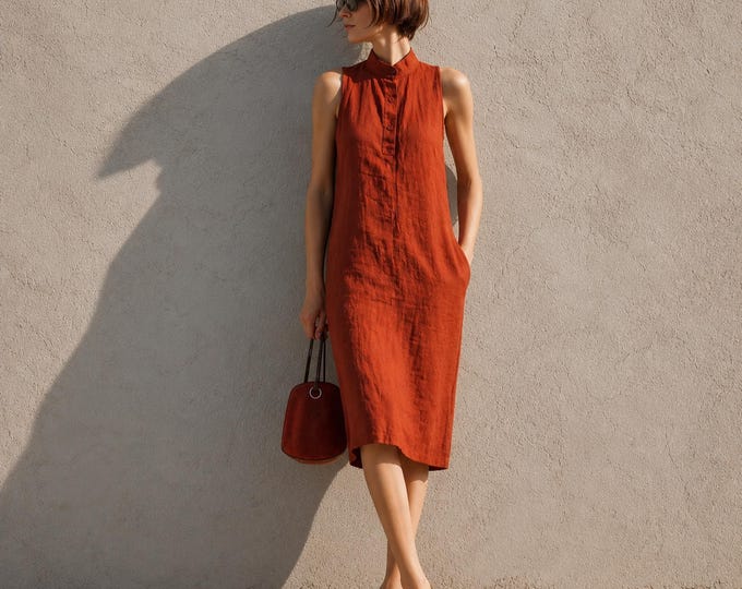 Anysize custom collared 100% linen dress with side pockets buttoned sleeveless plus size dress plus size clothing F42YL