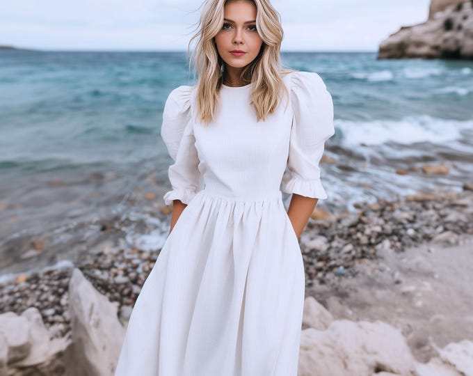 Anysize custom 3/4 flare sleeves bubble style plus size dress with side pockets linen cotton spring fall winter plus size clothing F35PN