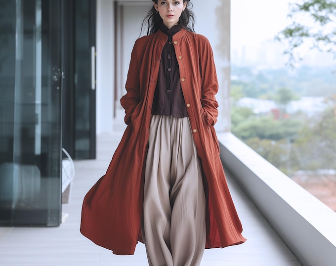 Anysize custom linen cotton coat long sleeves with pockets jacket spring fall plus size coat plus size clothing F671N