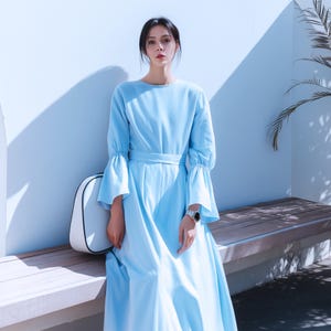 Toutes les tailles personnalisées 100 % lin manches évasées maxi robe taille robe ceinturée avec poches printemps automne grande taille robe grande taille vêtements F33PL