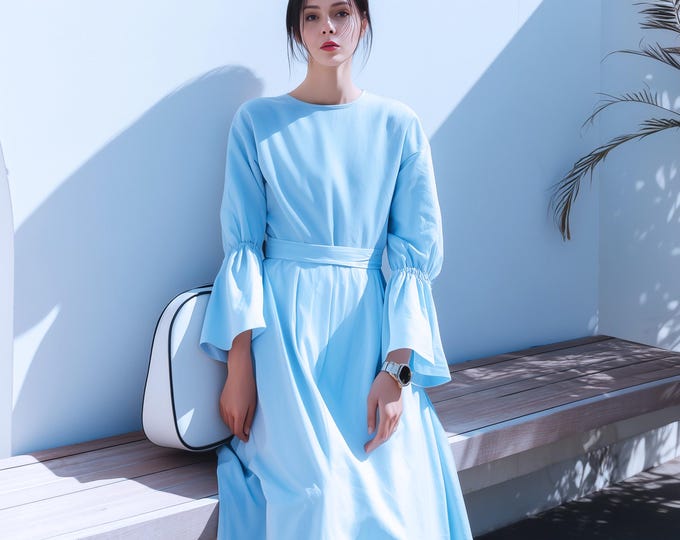 Anysize custom 100% linen flare sleeves maxi dress waist belted dress with pockets spring fall plus size dress plus size clothing F33PL
