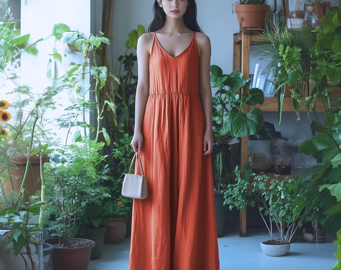 Anysize custom 100% linen sleeveless V-neck  maxi slip dress with side pockets spring summer plus size dress plus size clothing F26AL