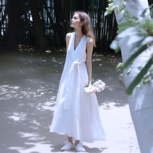 Vestido de verano de talla grande, sin mangas, con escote en V, bolsillos laterales y lazo lateral, 100 % lino, personalizado, F15CL