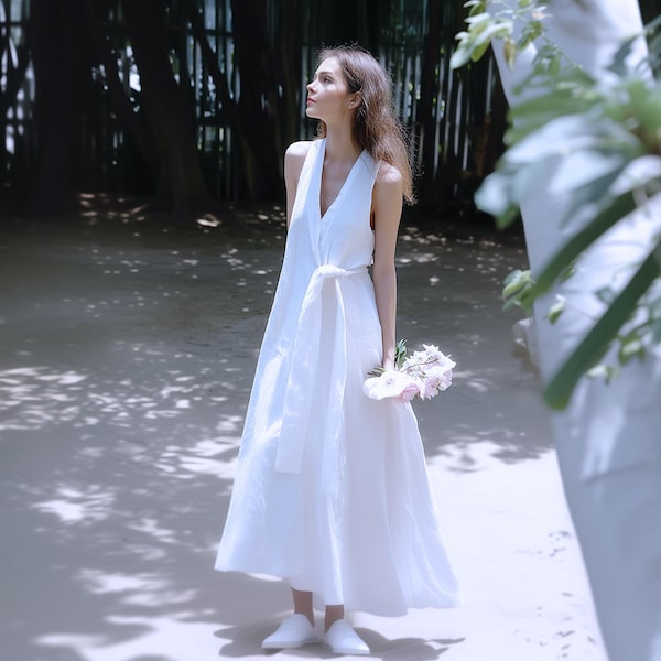 Anysize custom 100% linen sleeveless v neck dress with side pockets side tie summer plus size dress plus size clothing F15CL