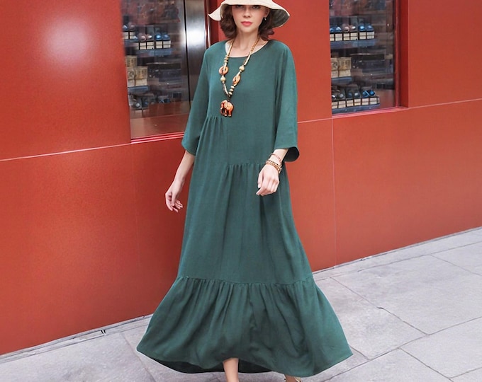 Anysize soft linen cotton 3/4 sleeves flowy hem kaftan spring fall maxi dress with side pockets plus size dress plus size clothing F84CQ