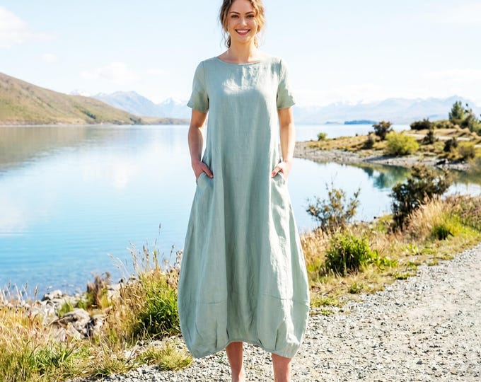 Anysize Custom 100% Linen Cocoon Dress Minimal Balloon Hem Loose Linen Dress with Pockets Casual Summer Dress Plus Size Clothing F78WL