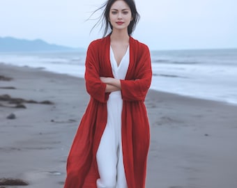 Anysize custom soft linen cotton long sleeves cardigan with pockets spring fall plus size cardigan plus size clothing F39AE
