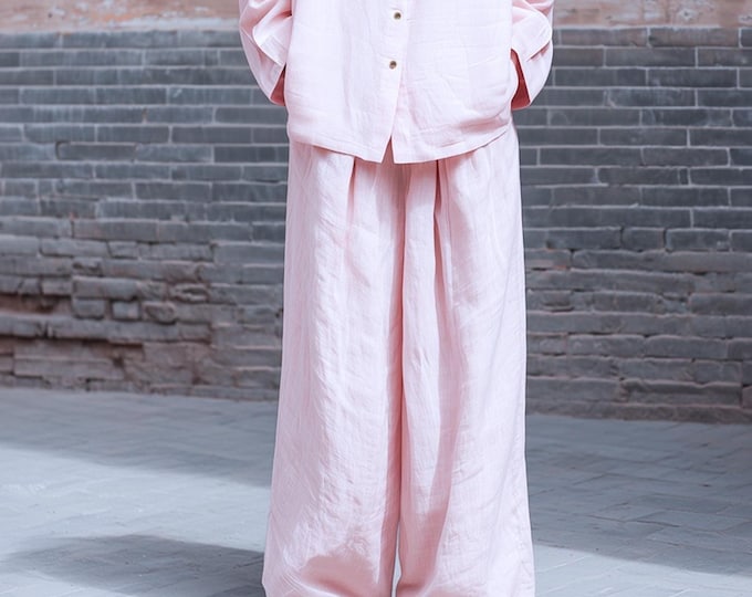 Anysize custom 100% linen wide leg pants floor length with pockets high elastic waist spring summer plus size pants plus size clothing F18PL