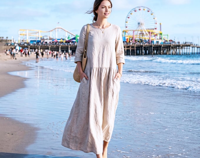 Anysize Custom 100% Linen Maxi Dress for Women Drop Waist Beach Dress 3/4 Sleeve Loose Dress with Pockets Plus Size Dress F69VL