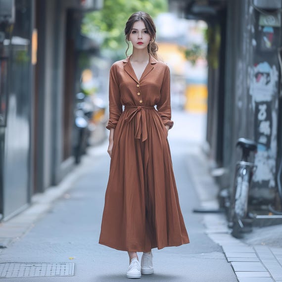 Anysize custom linen cotton collared dress with side pockets belted spring fall winter plus size dress plus size clothing F632N Anysize custom linen cotton collared dress with side pockets belted spring fall winter plus size dress plus size clothing F632N