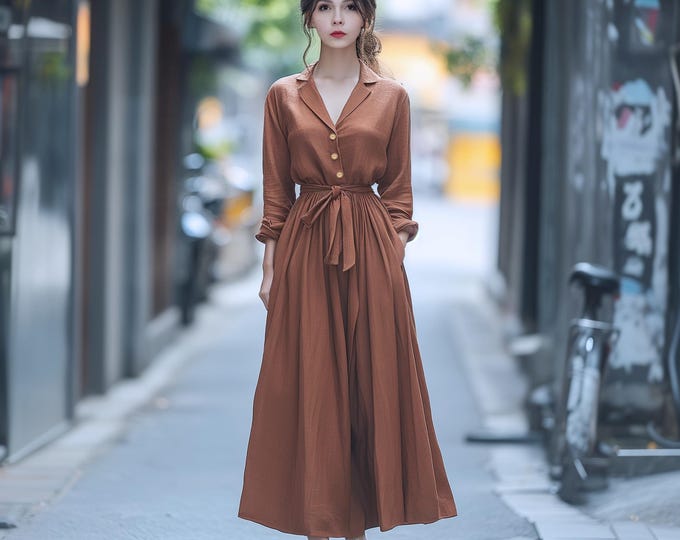 Anysize custom linen cotton collared dress with side pockets belted spring fall winter plus size dress plus size clothing F632N
