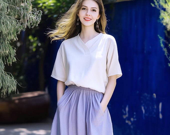 Anysize custom short sleeves 100% linen casual loose blouse v neck t-shirt spring summer plus size linen tops plus size clothing F19CL