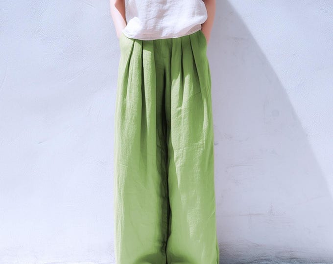 Anysize custom 100% linen pleated pants elastic waist trousers with side pockets spring summer plus size pants plus size clothing F65JL