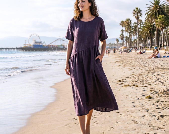 Anysize Custom 100% Linen Dress Asymmetrical Seam Loose Fit Short Sleeve Summer Beach Dress with Pockets Plus Size Dress F57VL