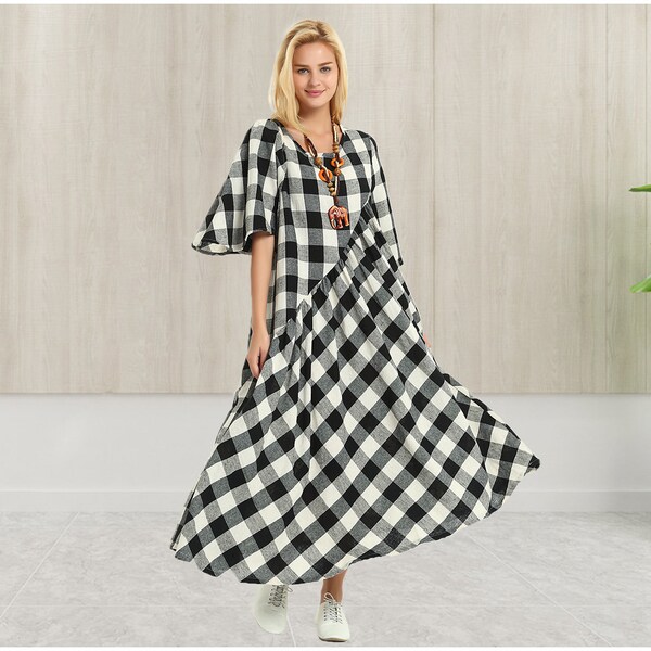 Anysize spring summer dress plaids style irregular linen cotton maxi dress with side pockets plus size dress plus size clothing Y12