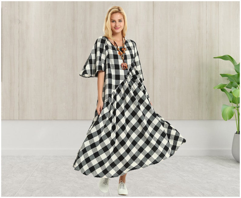 Anysize spring summer dress plaids style irregular linen cotton maxi dress with side pockets plus size dress plus size clothing Y12 