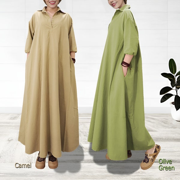 Anysize loose shirt dress spring summer linen cotton polo collar full skirt dress maxi dress plus size dress plus size clothing F311A