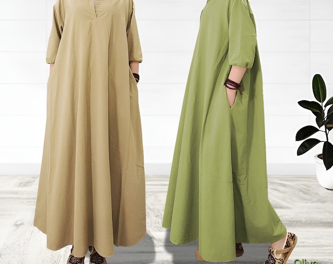 Anysize loose shirt dress spring summer linen cotton polo collar full skirt dress maxi dress plus size dress plus size clothing F311Q