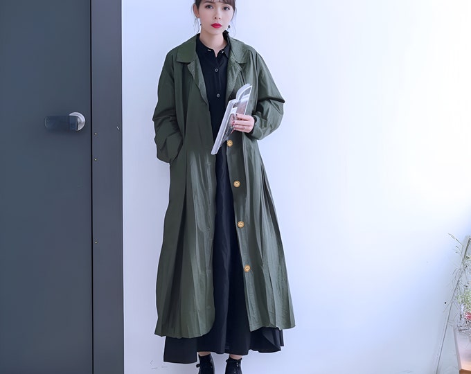 Anysize custom thick linen cotton coat in maxi length with pockets collared jacket spring fall plus size coat plus size clothing F513N