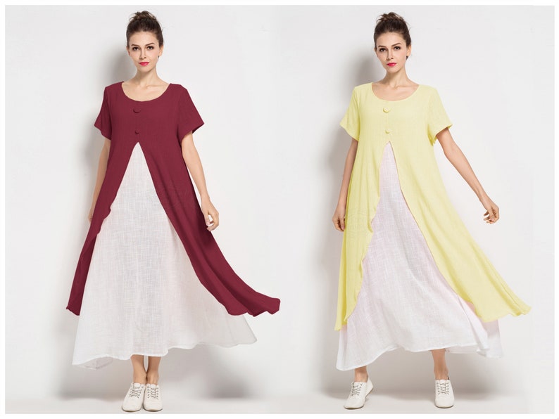 Anysize summer time fake two pieces soft linen cotton loose dress spring summer dress maxi dress plus size dress plus size clothing  F121A 