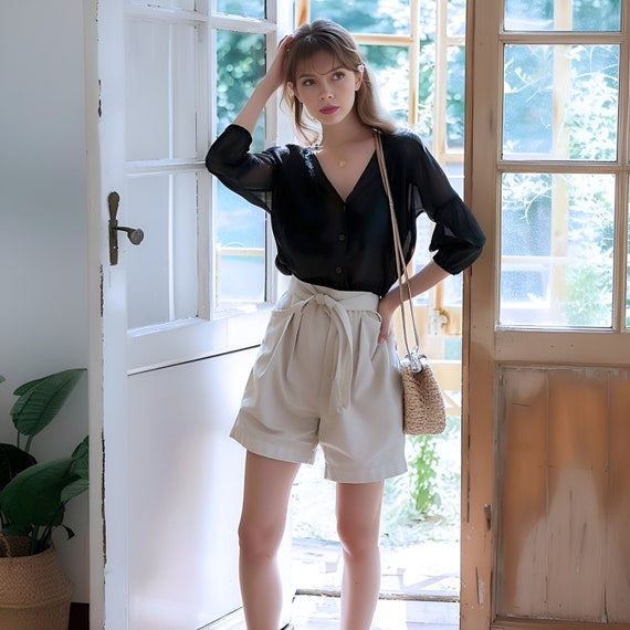 Anysize custom 100% linen shorts with belt elastic waist casual loose plus size shorts wide leg pants customized plus size shorts F434L