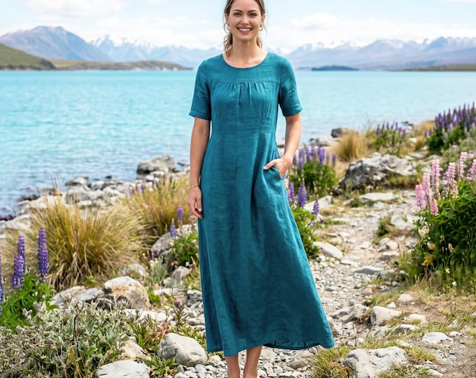 Anysize Custom 100% Linen Gathered Bust Dress Short Sleeve A-Line Casual Loose Summer Linen Dress With Pockets Plus Size Dress F95VL
