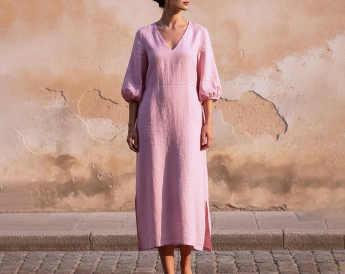 Anysize Custom 100% Linen Dress V Neck Balloon Sleeve Dress Minimalist Summer Dress with Side Slit Plus Size Dress Plus Size Clothing F55UL