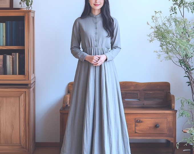 Anysize custom long sleeves linen cotton plus size dress with functional buttons side pockets spring fall retro plus size clothing F875N