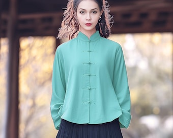 Anysize custom soft linen cotton blouse with handmade buttons retro spring fall casual loose plus size tops plus size clothing F679E