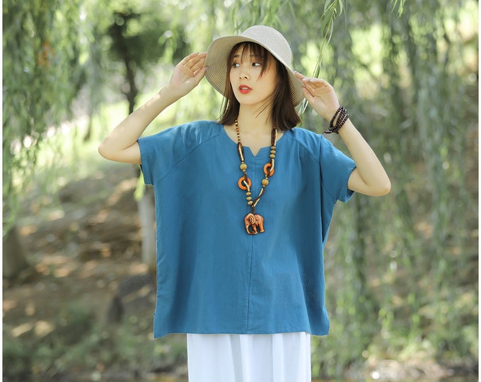 Anysize bat sleeves retro style soft linen cotton tops with sides slit spring summer fall plus size tops plus size clothing T147A