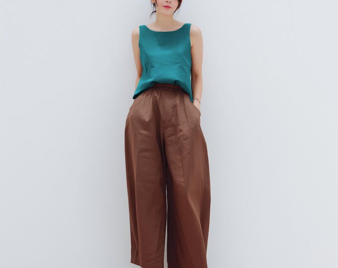 Anysize custom wide leg 100% linen pants with side pockets elastic waist spring summer plus size pants plus size clothing F88JL
