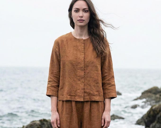Anysize Custom 100% Linen Jacket Top Boxy Linen Blouse Minimalist 3/4 Sleeve Linen Shirt Plus Size Tops Plus Size Clothing F76UL
