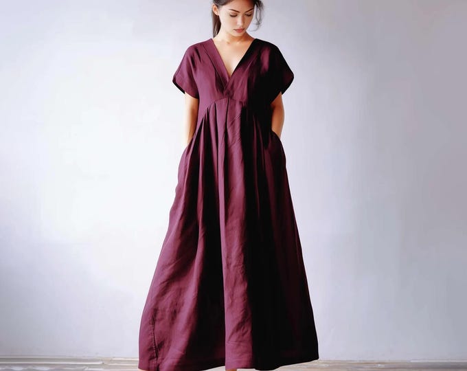 Anysize custom 100% linen dress with side pockets spring summer v neck loose dress plus size maxi dress plus size clothing F31JL