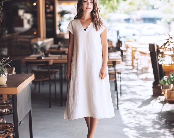 Anysize custom V neck 100% linen cap sleeves summer dress with side pockets plus size dress plus size clothing F3DL