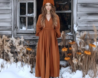 Anysize custom v neck soft linen cotton plus size dress puff sleeves with side pockets drawstrings spring fall plus size clothing F912E