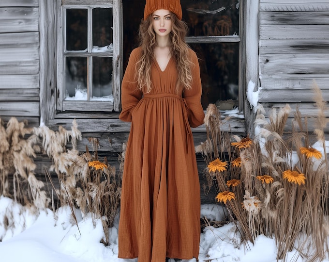 Anysize custom v neck soft linen cotton plus size dress puff sleeves with side pockets drawstrings spring fall plus size clothing F912E