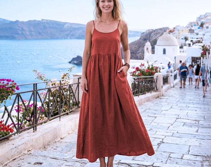 Anysize Custom 100% Linen Maxi Dress for Women Spaghetti Strap Summer Dress High Waist A Line Dress with Pockets Vacation Outfit F80UL