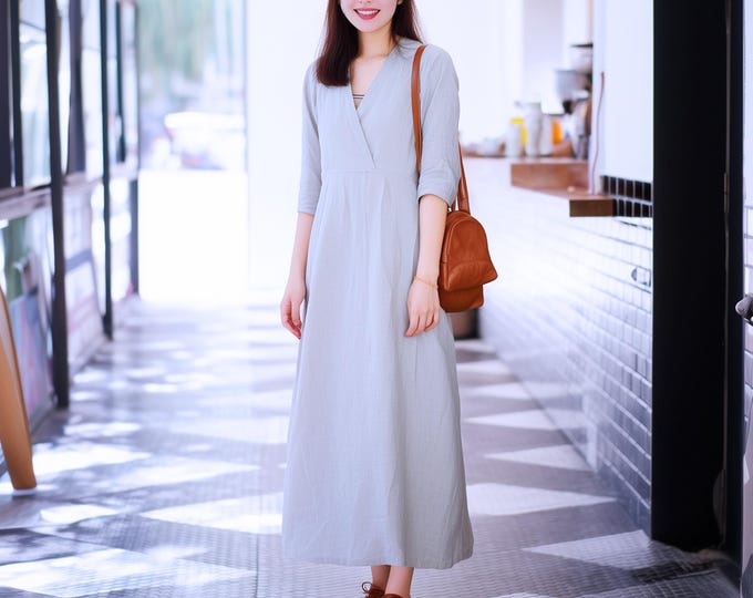 Anysize custom 3/4 sleeves 100% linen maxi dress with side pockets loose dress V neck spring fall plus size dress plus size clothing F78DL