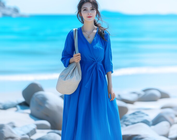 Anysize custom v neck 100% linen long sleeves maxi dress with pockets spring summer fall plus size dress plus size clothing F41AL