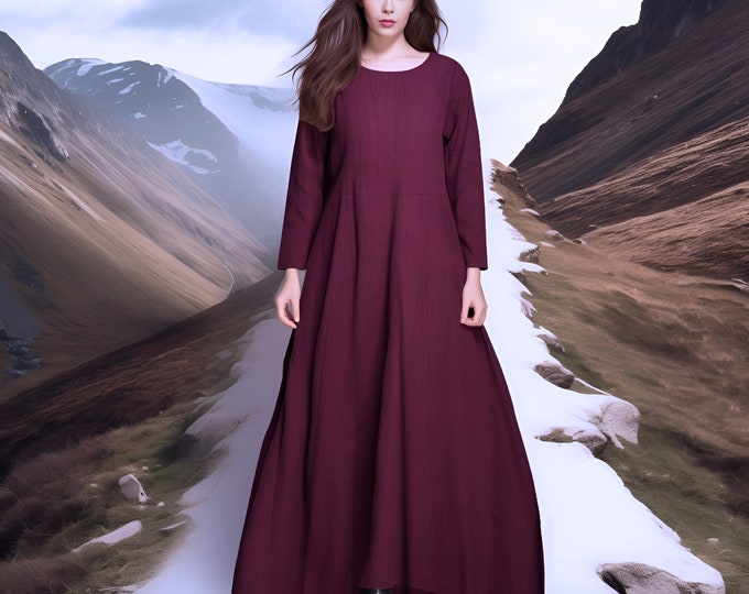 Anysize casual loose fall winter dress long sleeves A-line maxi cotton dress robe linen plus size dress plus size clothing F301N