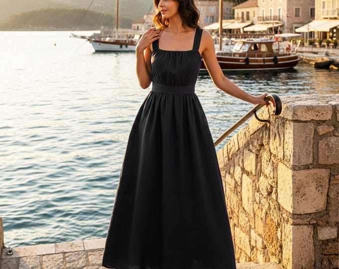 Anysize Custom 100% Linen Maxi Dress with Open Back Lace-Up Square Neck Sleeveless Summer Plus Size Dress Plus Size Clothing F40UL