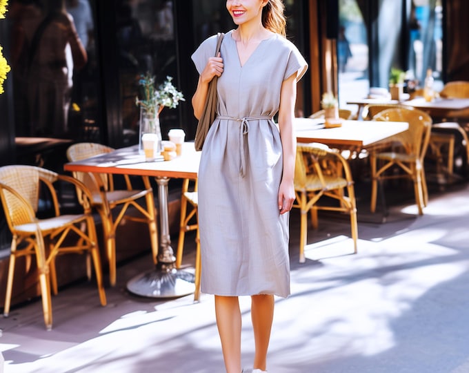 Anysize custom 100% linen V neck dress cap sleeves summer midi dress with side pockets plus size dress plus size clothing F75DL