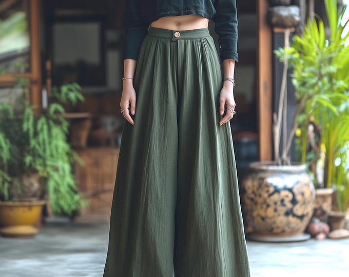 Anysize custom linen cotton wide legs maxi pants with elastic spring fall plus size trousers casual loose pants plus size clothing F818E