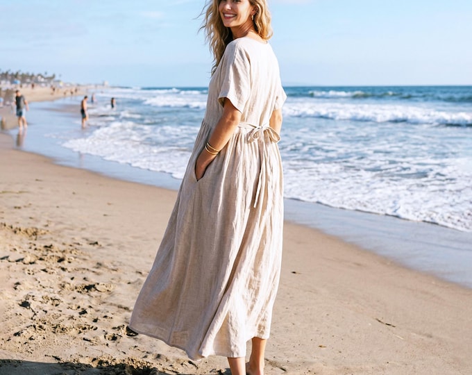 Anysize Custom 100% Linen Maxi Dress for Women Round Neck Short Sleeve Dress Waist Tie Back Loose A-Line Summer Dress with Pockets F75VL