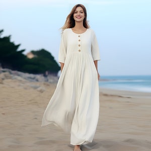 Anysize custom 3/4 sleeves soft linen cotton maxi dress with functional buttons side pockets spring summer fall plus size clothing F427E