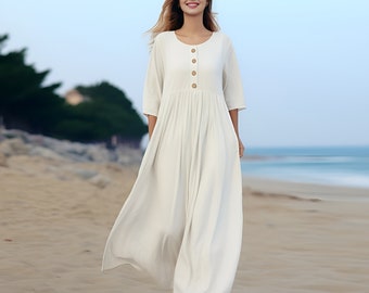 Anysize custom 3/4 sleeves soft linen cotton maxi dress with functional buttons side pockets spring summer fall plus size clothing F427E