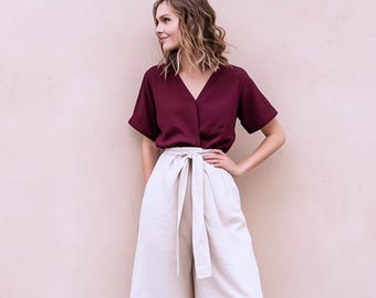 Anysize custom 100% linen V neck short sleeves loose blouse summer plus size tops plus size clothing F91CL
