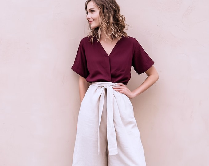 Anysize custom 100% linen V neck short sleeves loose blouse summer plus size tops plus size clothing F91CL