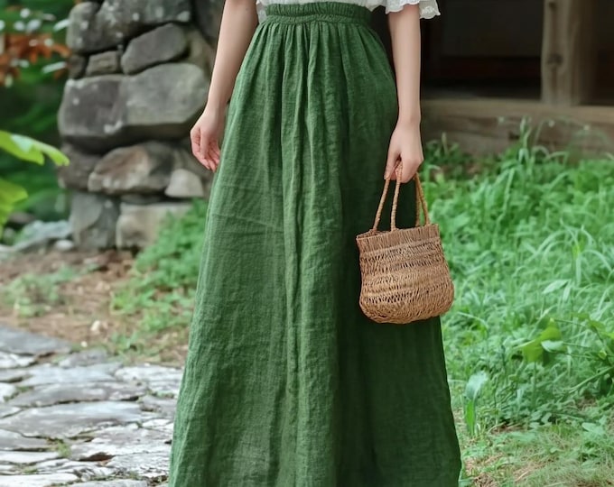 Anysize custom 100% linen spring summer fall maxi skirt with side pockets elastic waist plus size maxi skirt plus size clothing F17AL